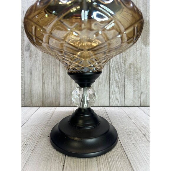 Vtg Decorative Brown Amber Swirl Glass Bowl W/Metal Pedestal & Lid 12.5" Tall - Picture 2 of 14